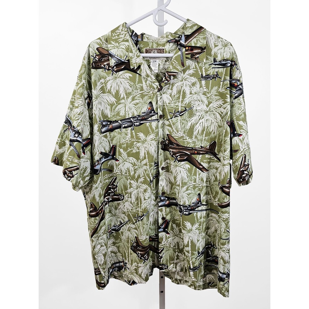 Kalaheo 2XL WWII Bombers Palm Trees Island Green Hawaiian Shirt